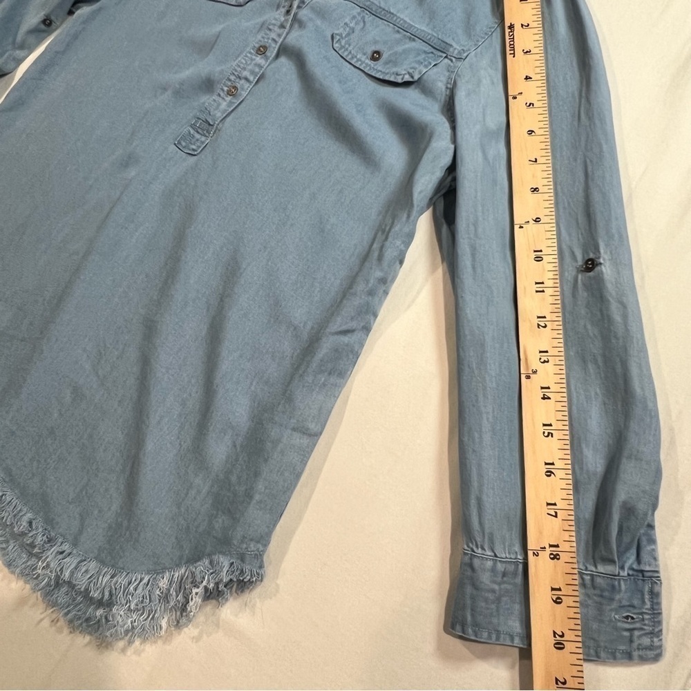 Hester & Orchard Women’s Shirt Tencel Button Slit Neck Blue Fringe Hem Small - Picture 12 of 16